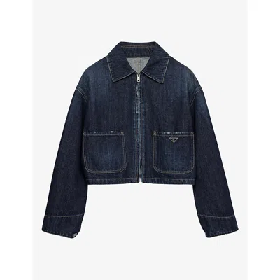 Prada Womens Blue Logo-plaque Cropped Denim Jacket