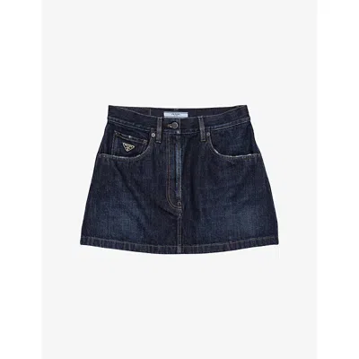 Prada Womens Blue Logo-plaque Flared Denim Mini Skirt