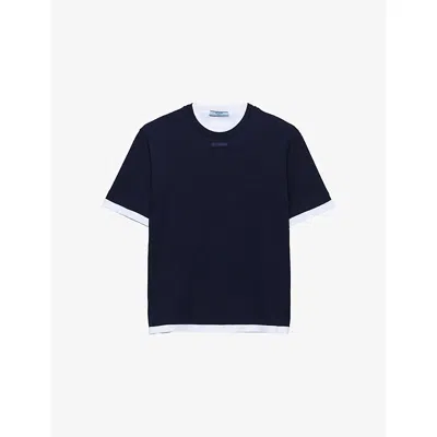 Prada Womens Blue Oversized Round-neck Cotton-jersey T-shirt Xs