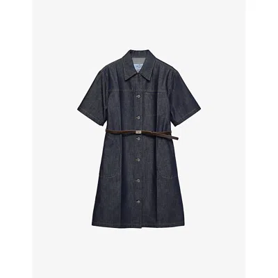 Prada Womens Blue Short-sleeve Belted Denim Mini Dress