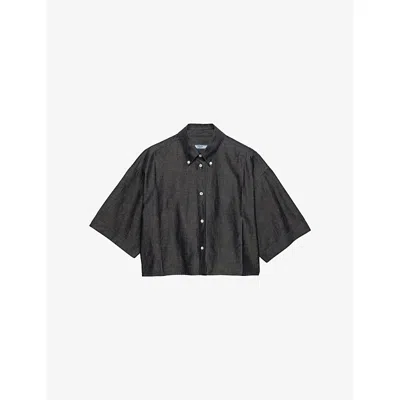 Prada Womens Blue Short-sleeved Flared Chambray Shirt