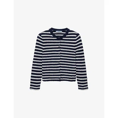 PRADA WOMENS BLUE STRIPED BOUCLE KNITTED CARDIGAN
