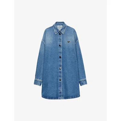 Prada Womens Blue Triangle-logo Long Denim Shirt