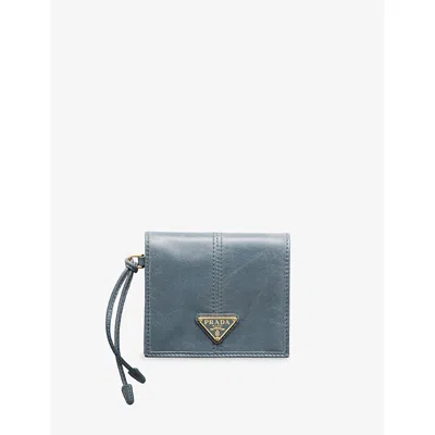 Prada Womens Blue Triangle-plaque Small Leather Wallet