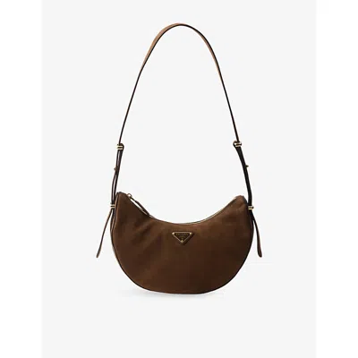 Prada Arque Nubuck Leather Half-moon Shoulder Bag In Brown