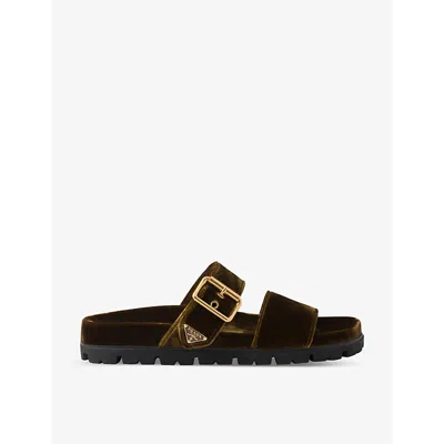 Prada Womens Brown Brand-plaque Buckled Velvet Sliders Eur 37 / 4 Uk