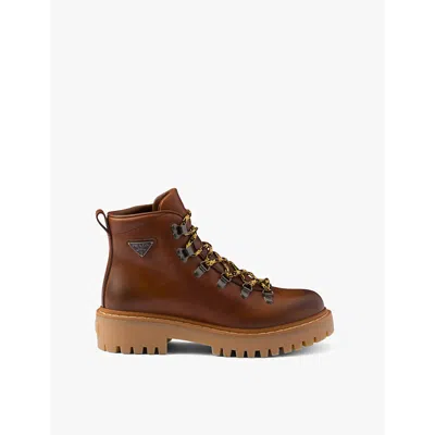 PRADA WOMENS BROWN BRAND-PLAQUE LEATHER ANKLE BOOTS EUR 38/5 UK