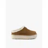 Prada Brown Suede Mules With Shearling Trim And Plush Lining In Blue