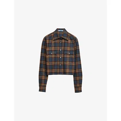 PRADA WOMENS BROWN CHECKED PATCH-POCKET WOOL SHIRT