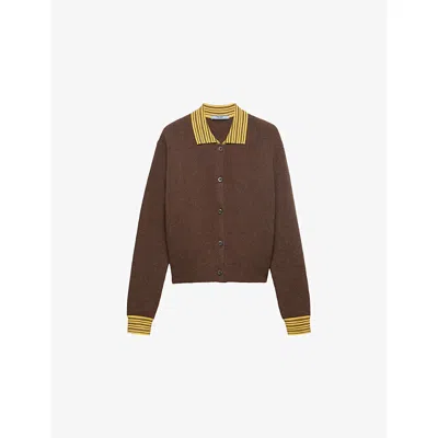 Prada Womens Brown Contrast-collar Cashmere Cardigan