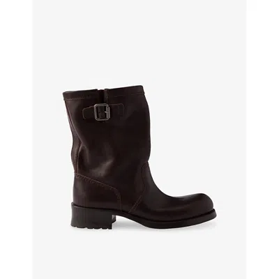Prada Womens Brown Logo-embellished Leather Biker Boots Eur 36.5 / 3.5 Uk