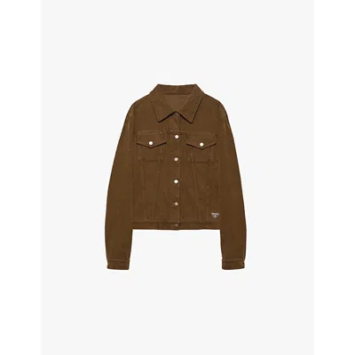 PRADA WOMENS BROWN LOGO-PLAQUE CHEST-POCKET COTTON-CORDUROY JACKET XS