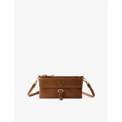 Prada Womens Brown Logo-plaque Leather Wallet Shoulder Bag
