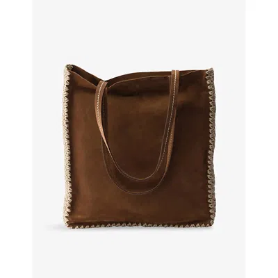 Prada Womens Brown Logo-print Large Suede And Crochet Tote Bag