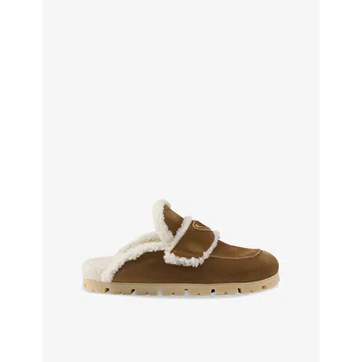 Prada Womens Brown Lugged-sole Triangle-plaque Suede And Shearling Slippers Eur 36.5 / 3.5 Uk