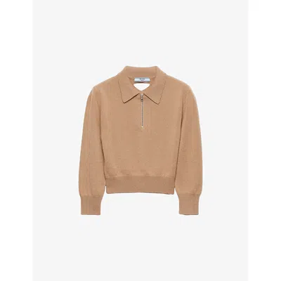 PRADA WOMENS BROWN SHORT-SLEEVE CASHMERE POLO JUMPER