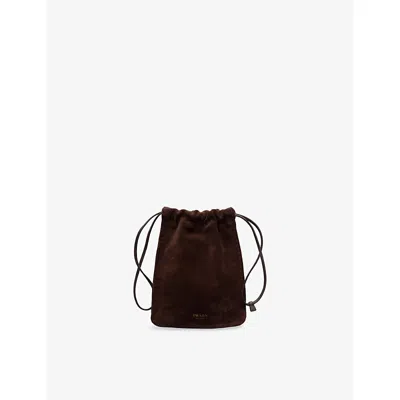 Prada Womens Brown Stamped-logo Suede Smartphone Pouch In Blue