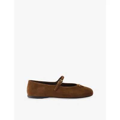 Prada Womens Brown Triangle-logo Suede Ballerina Flats Eur 38/5 Uk