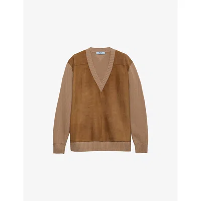 PRADA WOMENS BROWN V-NECK SUEDE AND CASHMERE JUMPER