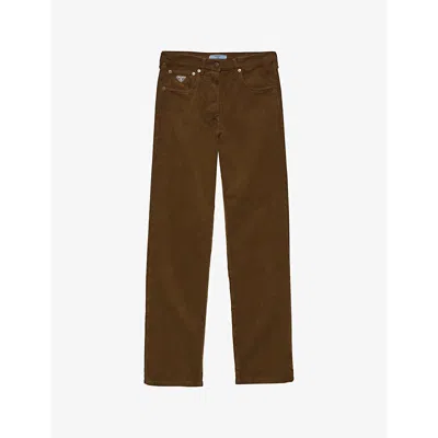 PRADA WOMENS BROWN WIDE-LEG TRIANGLE-PLAQUE CORDUROY TROUSERS