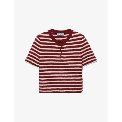 PRADA WOMENS BURGUNDY BOUCLÉ CREW-NECK COTTON-BLEND KNITTED TOP