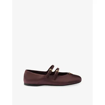 Prada Womens Burgundy Double-strap Satin Mary Jane Flats Eur 37.5 / 4.5 Uk