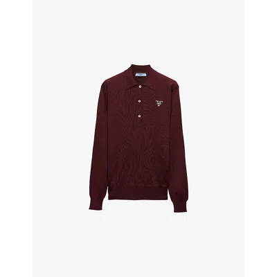 PRADA WOMENS BURGUNDY LOGO-EMBROIDERED RELAXED-FIT SILK POLO SHIRT
