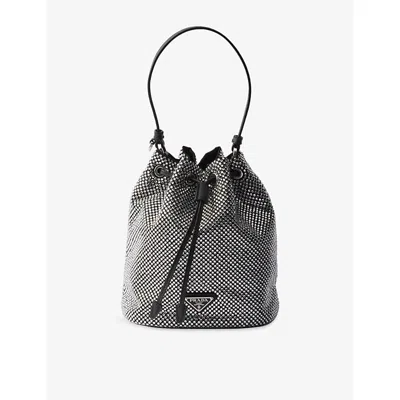 PRADA WOMENS GOLD/SILVER CRYSTAL-STUDDED SATIN BUCKET BAG