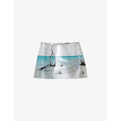 PRADA WOMENS GOLD/SILVER GRAPHIC-PRINT SHINY LEATHER MINI SKIRT