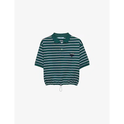 PRADA WOMENS GREEN CROPPED STRIPE COTTON PIQUÉ POLO SHIRT