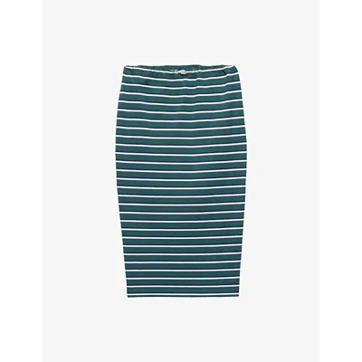 PRADA WOMENS GREEN STRIPED TRIANGLE-LOGO COTTON PIQUÉ MIDI SKIRT