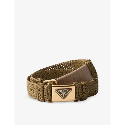 Prada Womens Green Triangle-buckle Raffia-effect Woven Belt