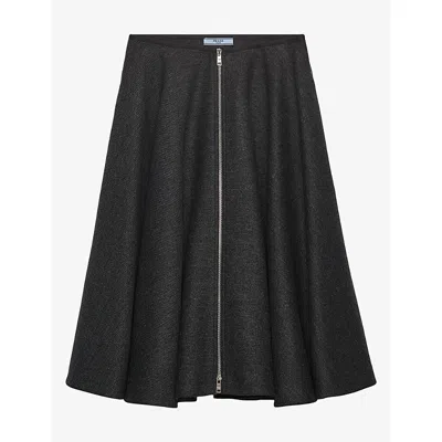 Prada Womens Grey Flared Zip-front Wool Midi Skirt In Black
