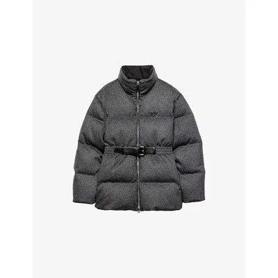 PRADA WOMENS GREY LODEN BELTED SHELL-DOWN PUFFER JACKET