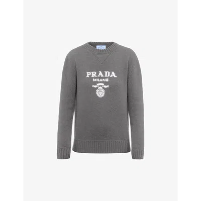 Prada Womens Grey Logo-intarsia Cashmere And Wool-blend Sweater