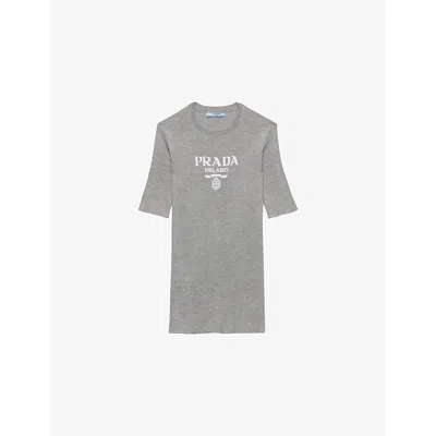 PRADA WOMENS GREY LOGO-INTARSIA CREW-NECK SILK KNITTED TOP
