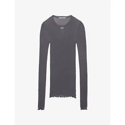 Prada Womens Grey Logo-plaque Ribbed Silk Top