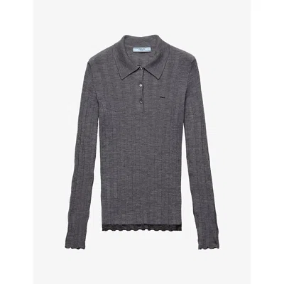 Prada Womens Grey Polo-collar Slim-fit Wool Jumper In Gray