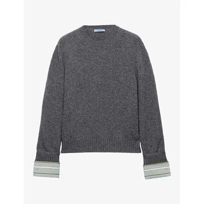 Prada Womens Grey Striped-cuff Relaxed-fit Wool And Cashmere Jumper In Gray