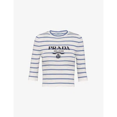 Prada Superfine Logo-intarsia Striped Virgin-wool Top In Blue Multi