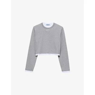 Prada Womens Grey Triangle-appliqué Long-sleeve Cotton-jersey T-shirt In Gray