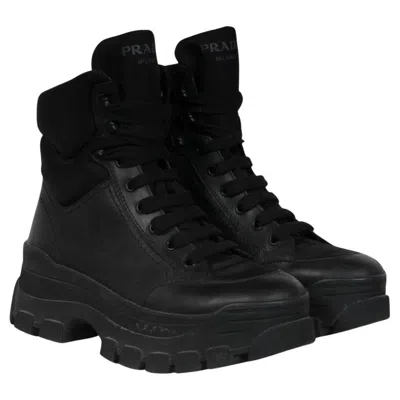 Pre-owned Prada Womens Hiking Combat Boots Us 8 Eu 38 Black Nylon Leather Platform Ankle
