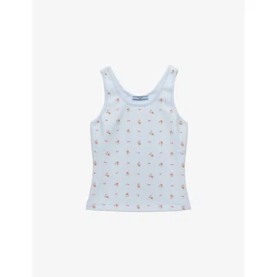 Prada Womens Light Blue Bouquet Print Ribbed Cotton-jersey Tank Top