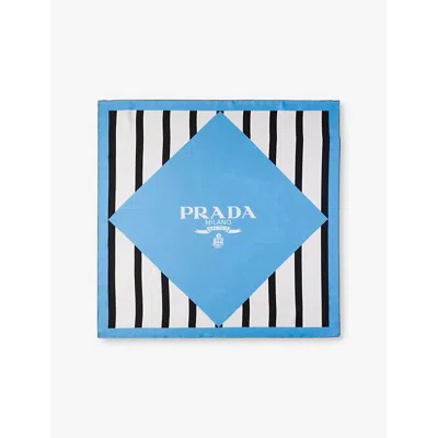 Prada Womens Light Blue Branded-print Striped Silk-twill Scarf