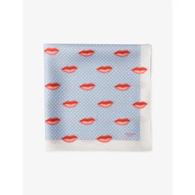 Prada Womens Light Blue Lips-print Silk-twill Scarf In Gray