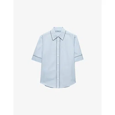 Prada Womens Light Blue Short-sleeve Pip-trim Cotton Poplin Shirt