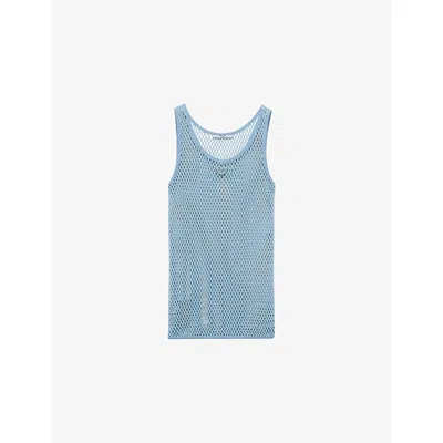 PRADA WOMENS LIGHT BLUE SLEEVELESS TRIANGLE-PLAQUE COTTON MESH TOP