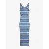 Prada Womens Light Blue Stripe-print Triangle-logo Stretch-cotton Midi Dress