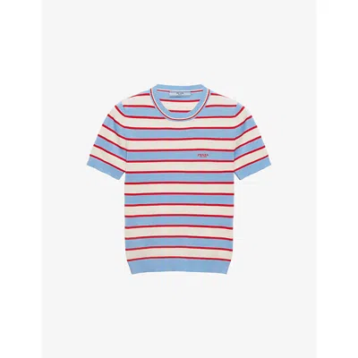 Prada Womens Light Blue Striped Crew Neck Cotton Knitted Top