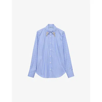Prada Womens Light Blue Striped Embellished-collar Cotton-poplin Shirt